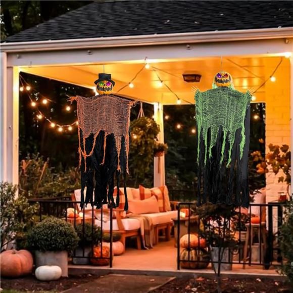 2 Pack 5.2' Hanging Ghost Pumpkin w/ Bendable Arms, Color Changing Lighted Eyes - Picture 6 of 6